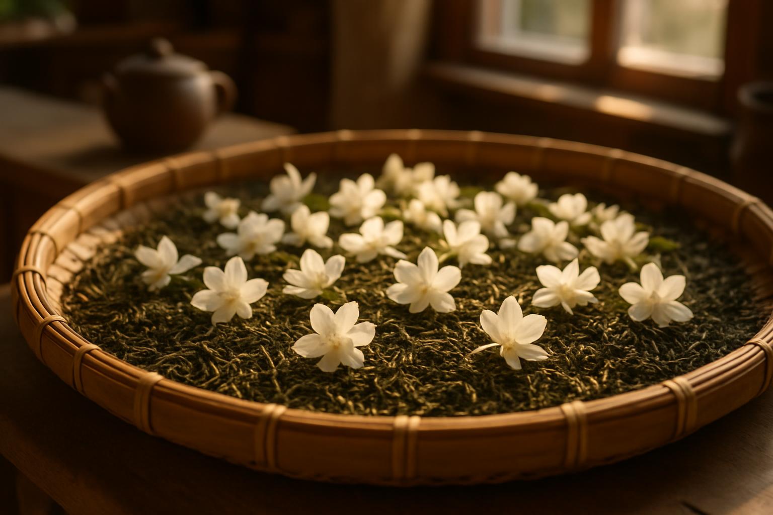 Fresh jasmine blossoms layered over green tea leaves for scenting