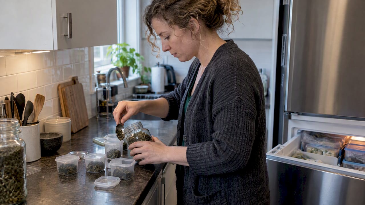 Portioning loose green tea for freezer storage