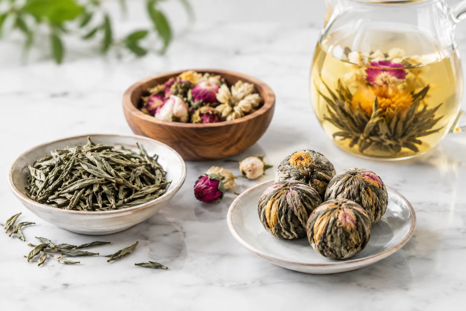 Tea leaves and flowers used in flowering tea