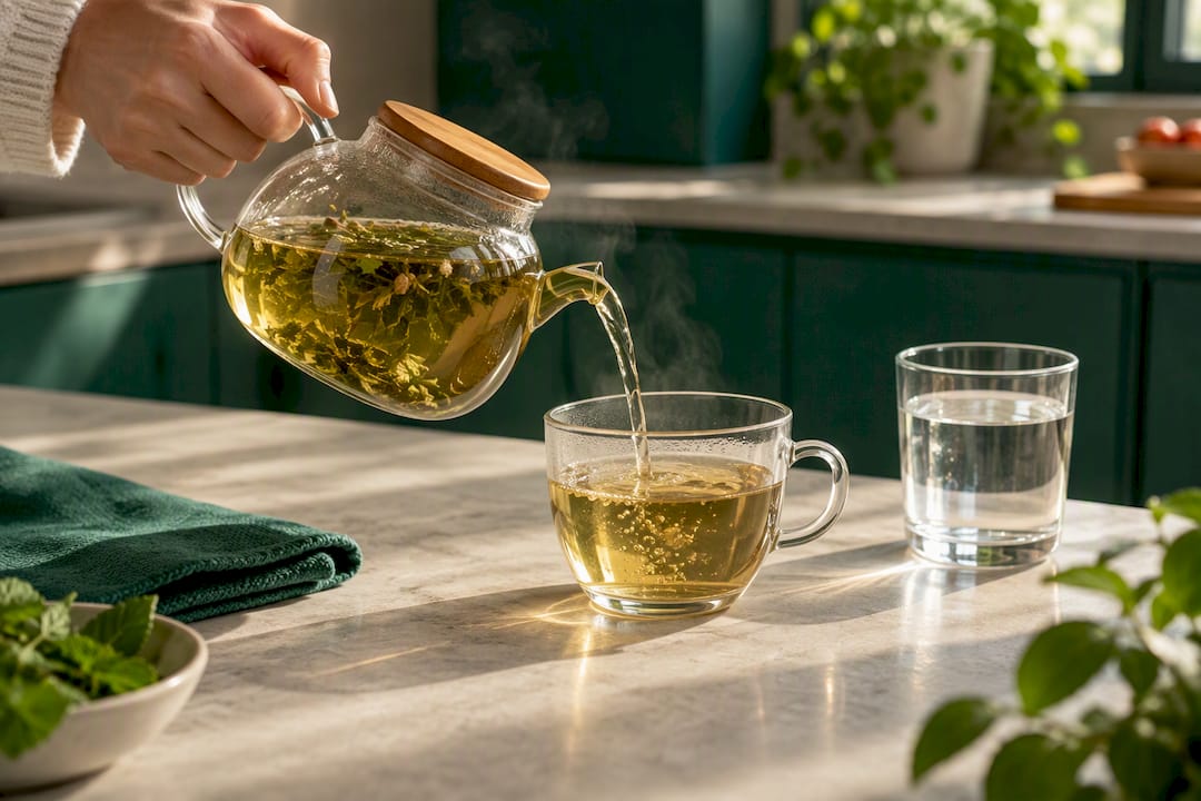 Infusion de plantes servie dans un verre