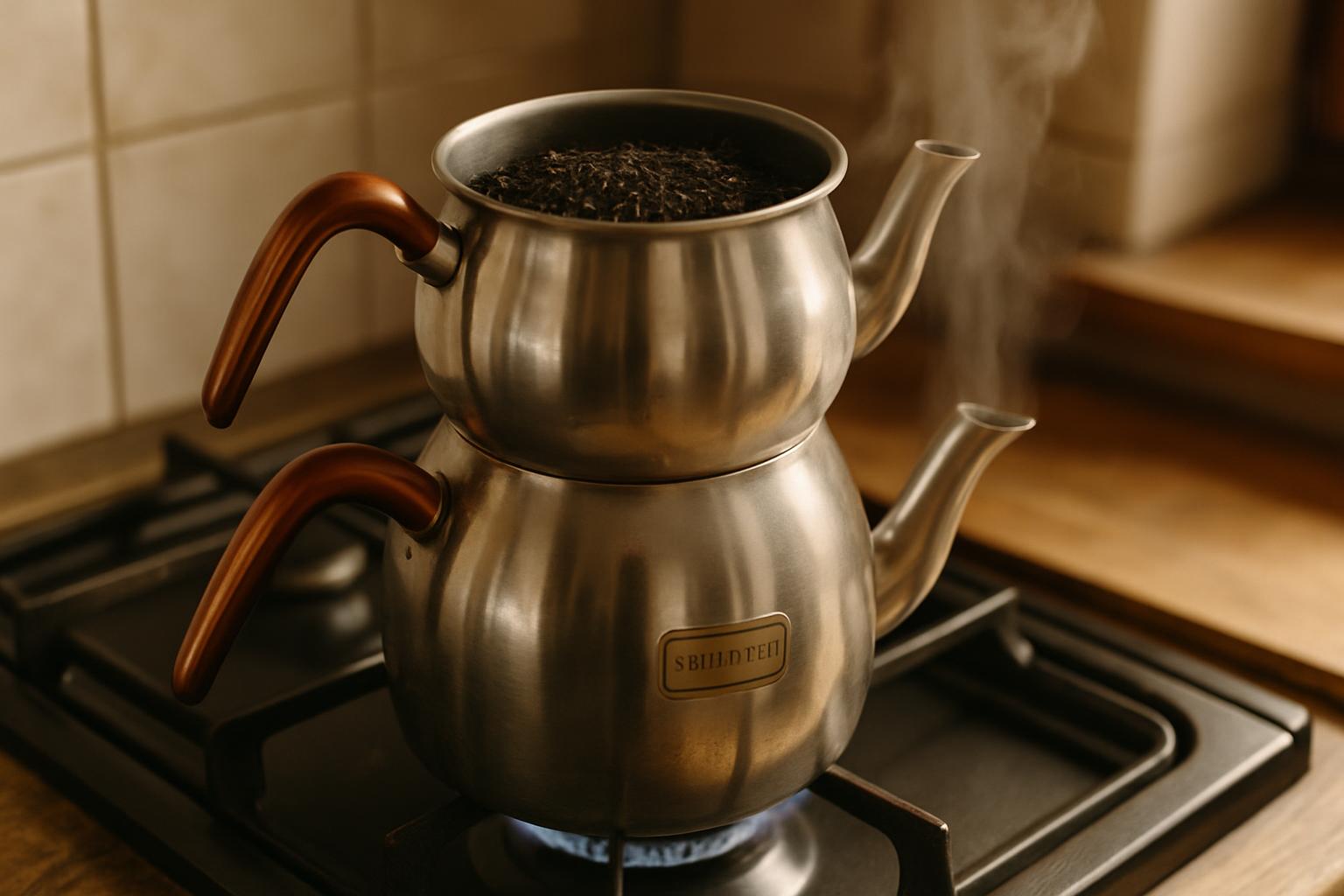 A two-tier Turkish teapot on the stove