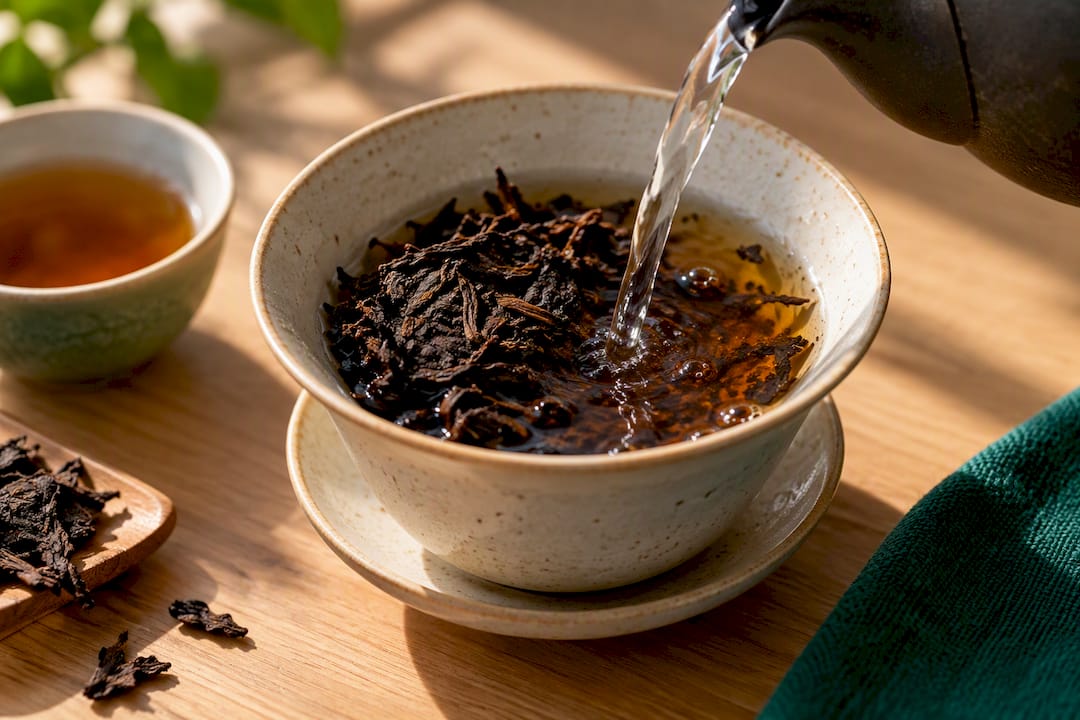 Compressed pu-erh leaves opening during brewing