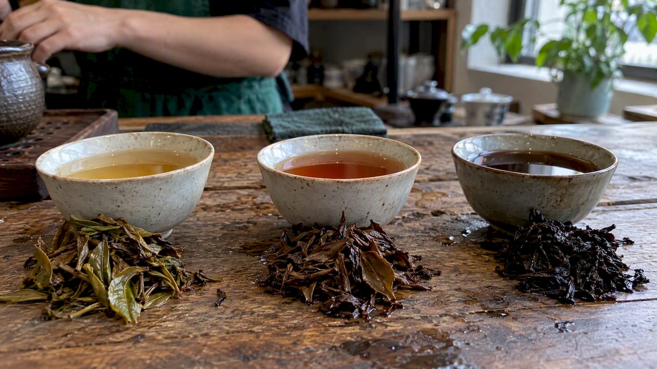 Three puerh teas showing leaf and liquor colors