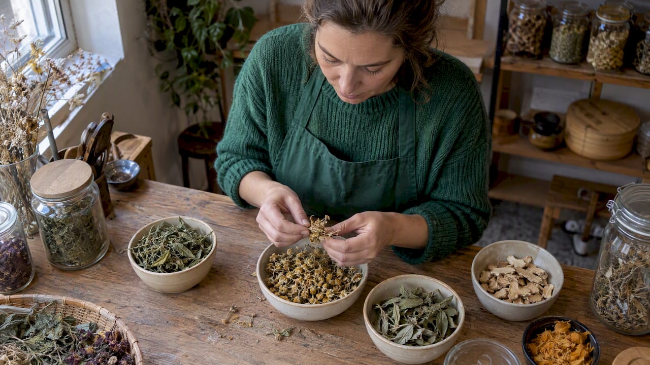 Selección cuidadosa de plantas secas para infusión