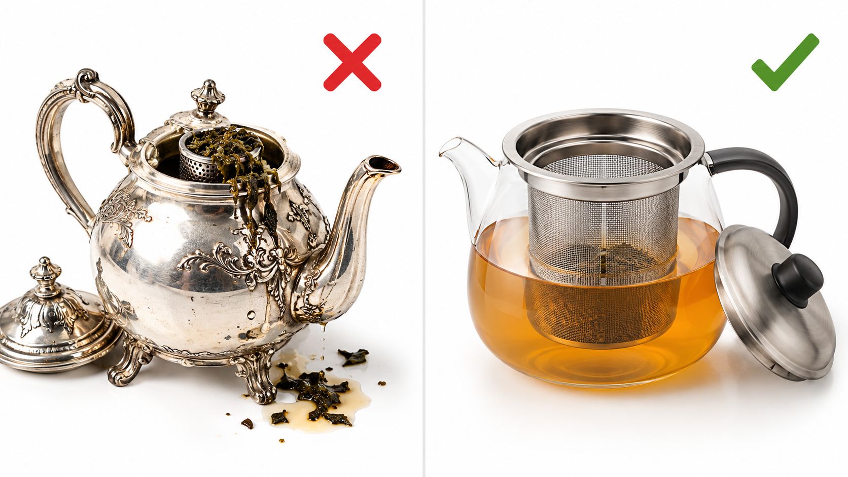A comparison showing a vintage silver teapot with overflowing leaves versus a glass teapot with a proper infuser.