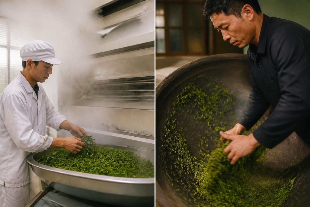 Japanese versus Chinese green tea processing