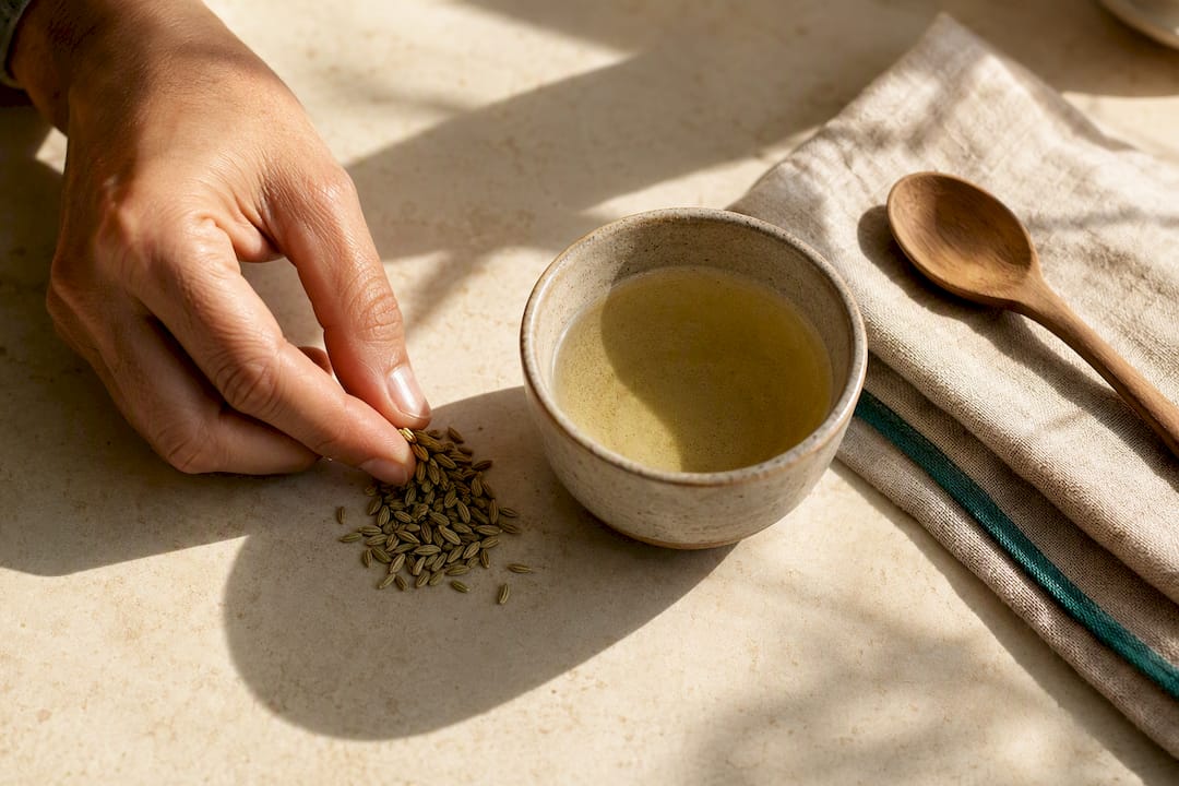 Fennel seeds beside herbal tea cup