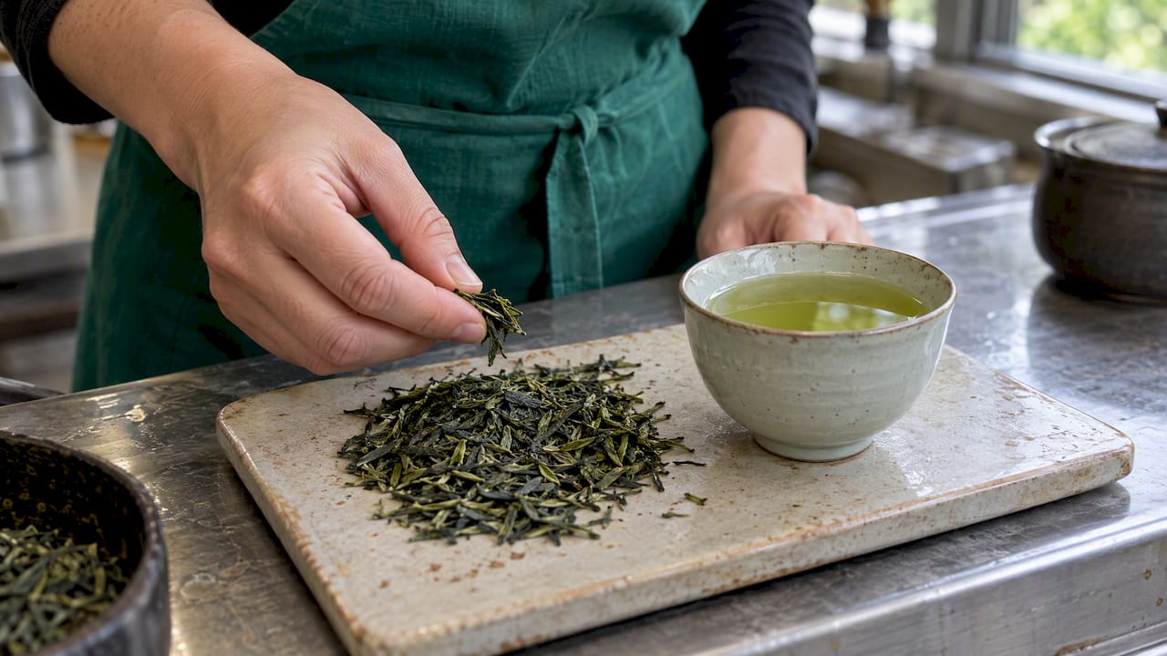 Lose Grünteeblätter neben einer Tasse grünen Tees