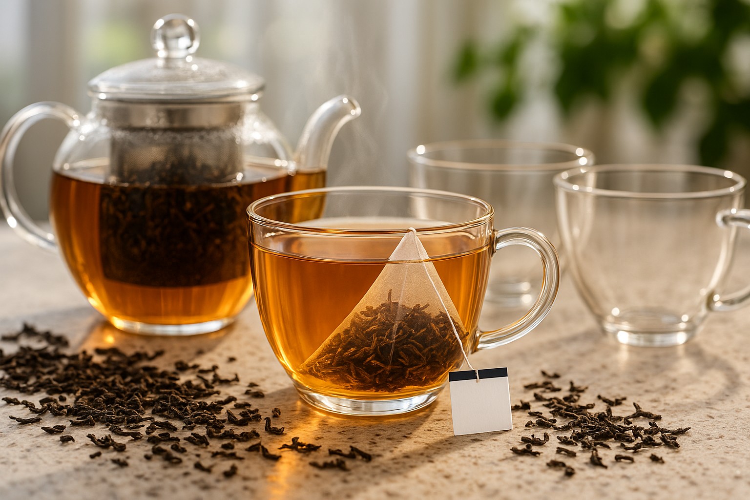 A glass teapot with an infuser basket of loose leaf tea