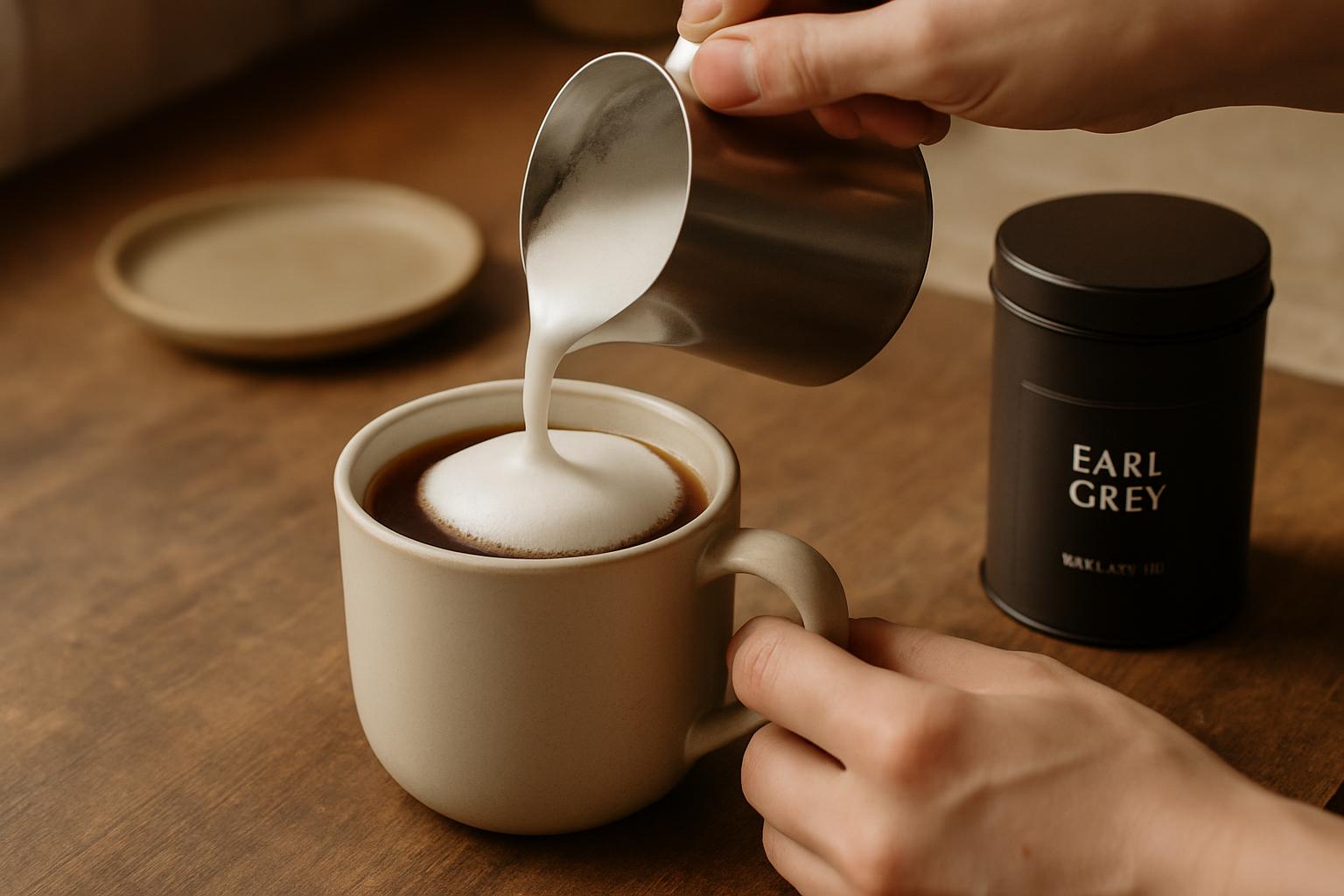 Pouring frothed milk into Earl Grey tea for a London Fog