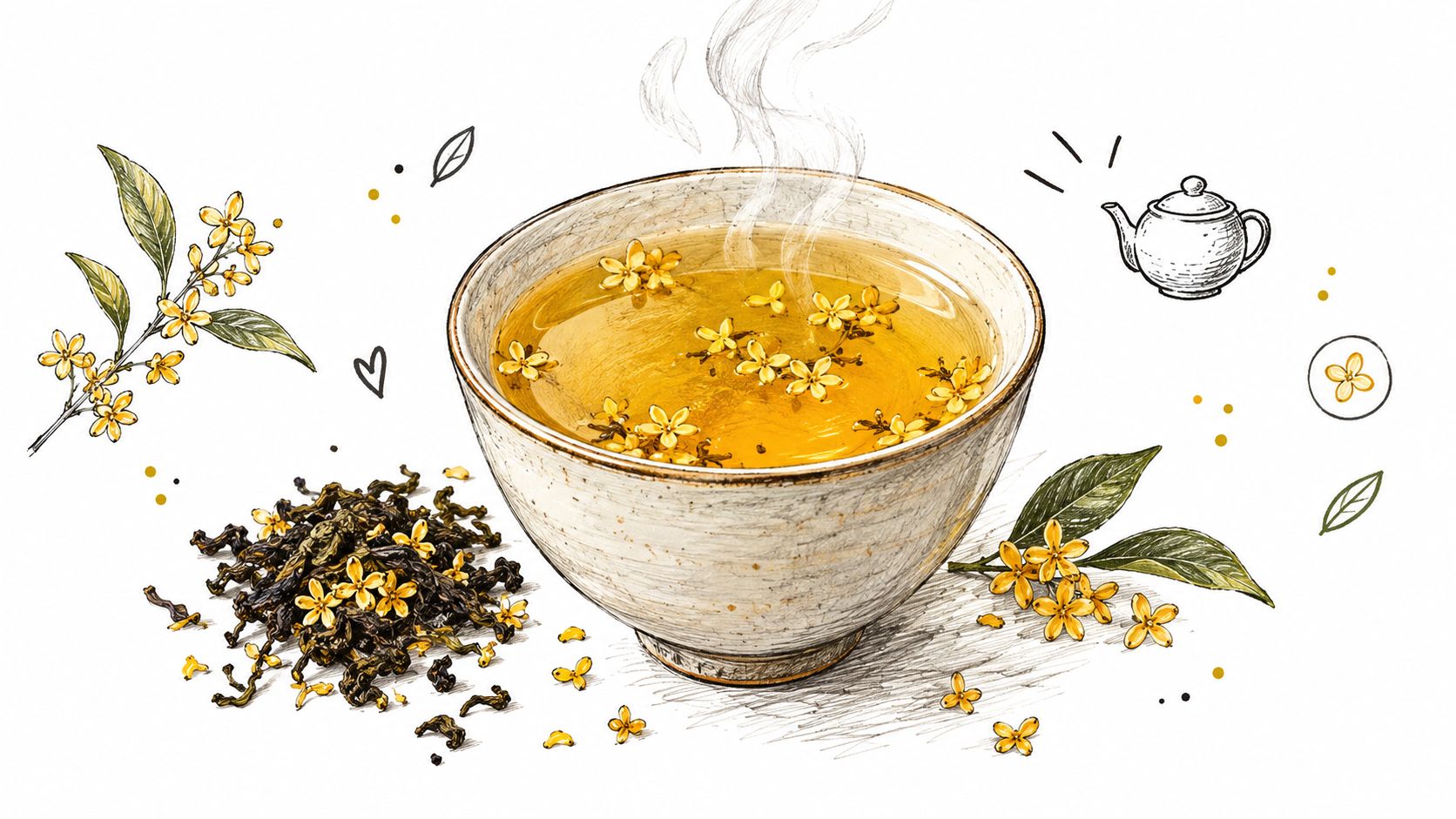 An artistic illustration of a warm cup of osmanthus flower oolong tea with loose tea leaves.