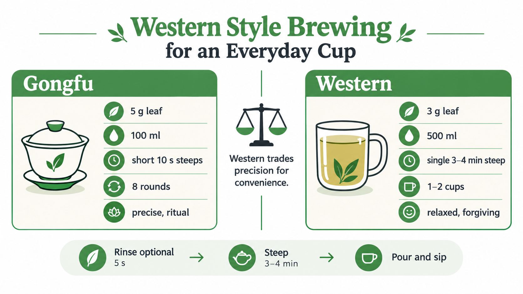 A comparison infographic showing instructions for brewing tea using Gongfu and Western style methods.