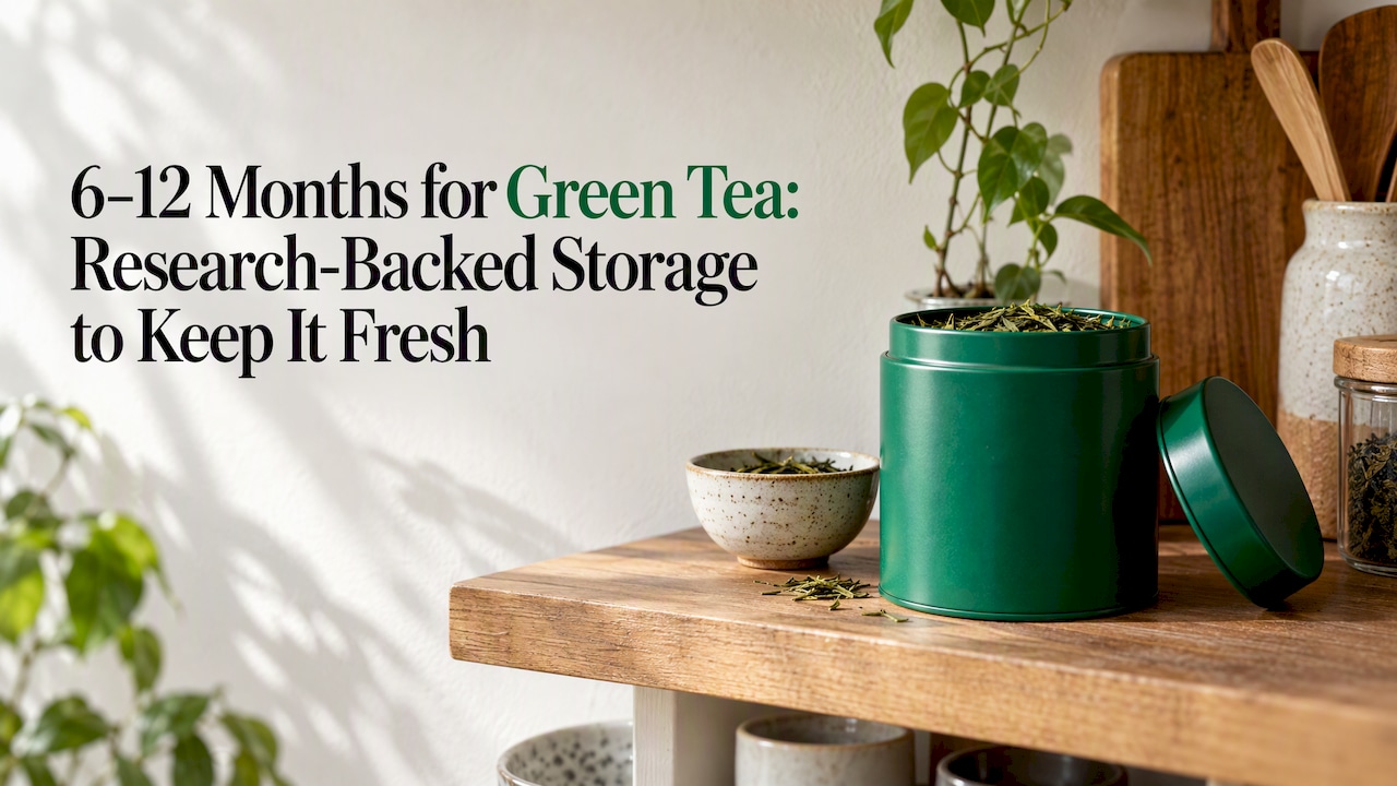 Opaque tin storing loose green tea