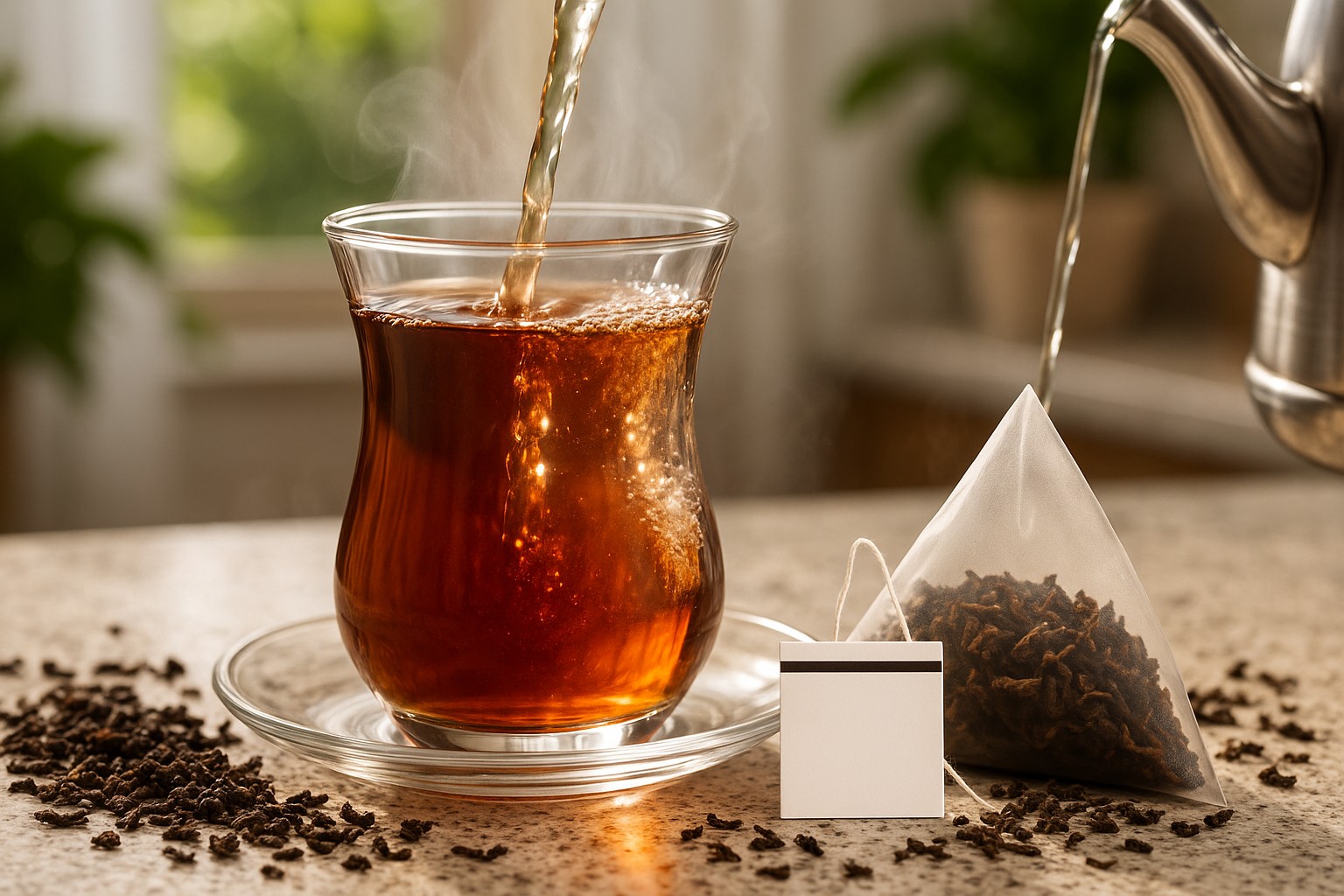 Pouring Turkish tea and hot water into a tulip glass