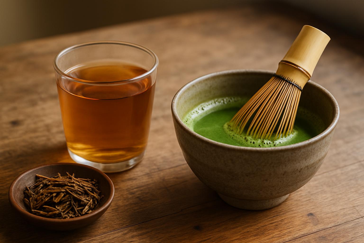 A cup of hojicha next to a bowl of matcha