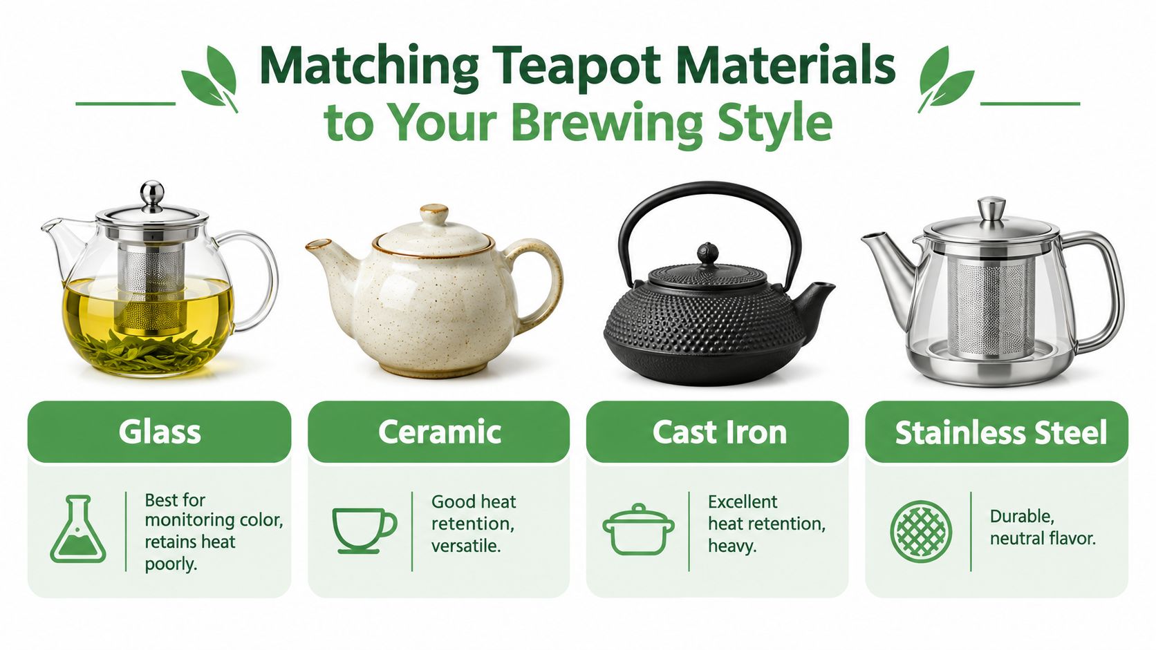 An infographic comparing different teapot materials including glass, ceramic, cast iron, and stainless steel for tea brewing.