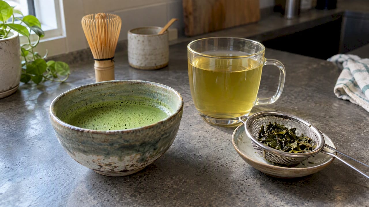 Matcha en polvo y hojas de té verde infusionadas