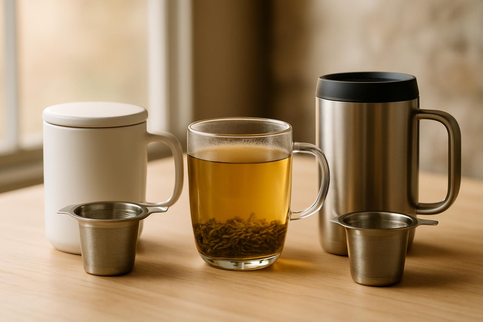 Ceramic, glass and stainless steel tea mugs with their infusers