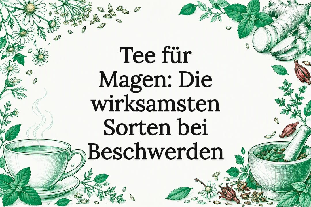 Dekorative Titelseite mit Kräutern und Teetasse