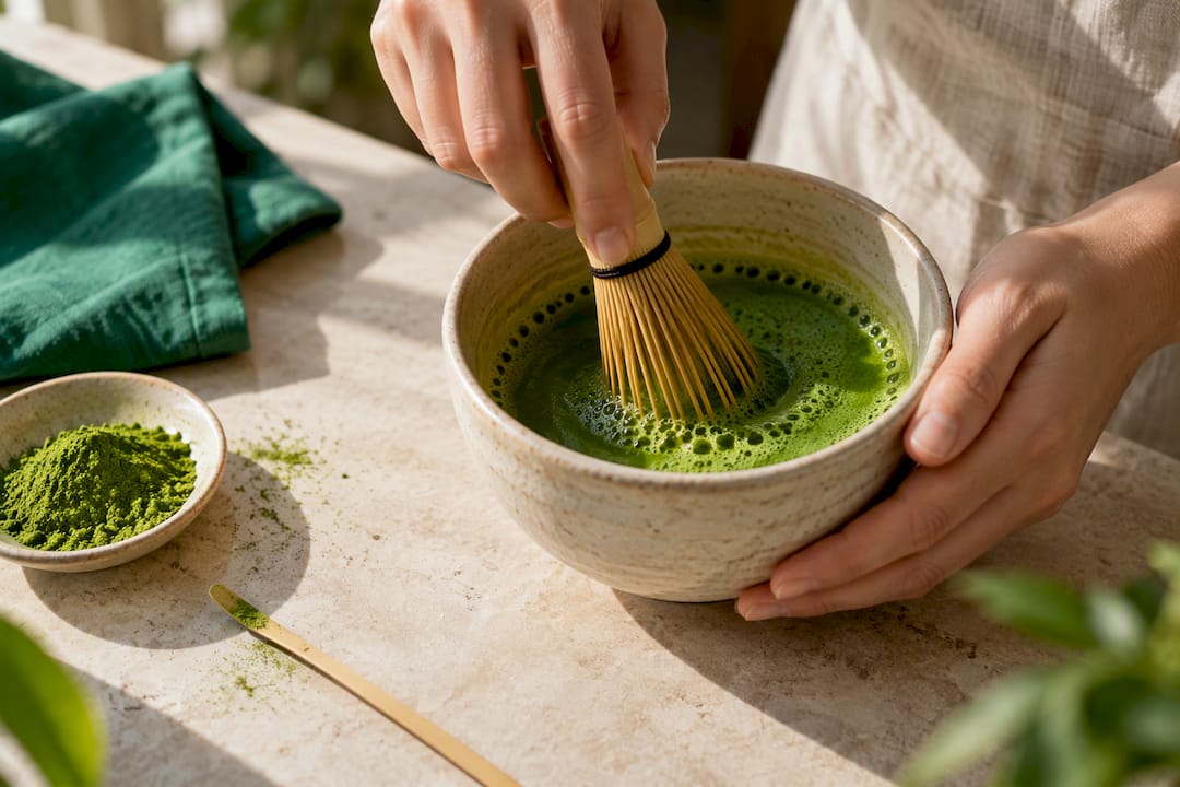 Hands whisking green matcha in bowl