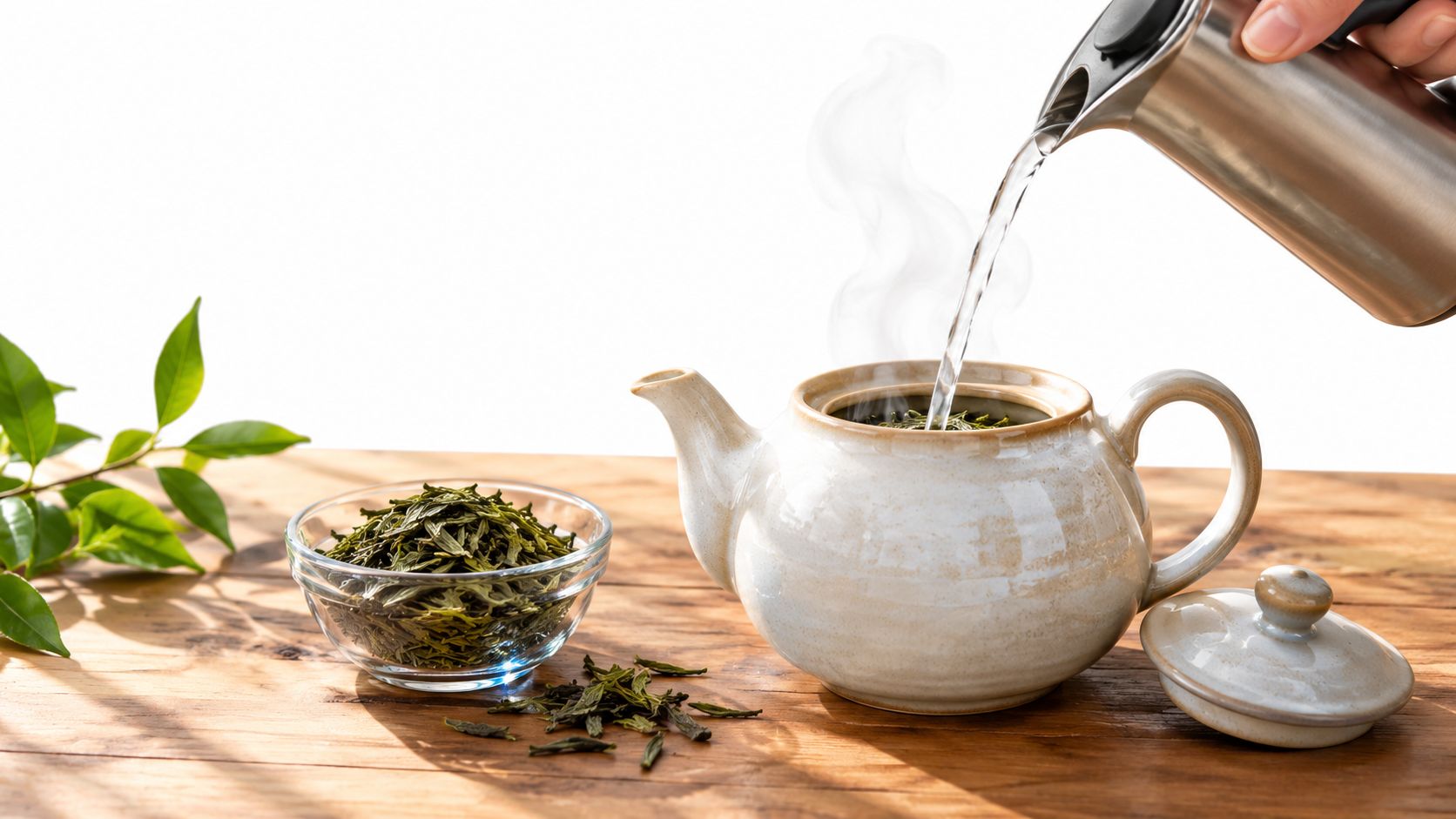 A close-up view of hot water being poured from a stainless steel kettle into a rustic ceramic teapot.