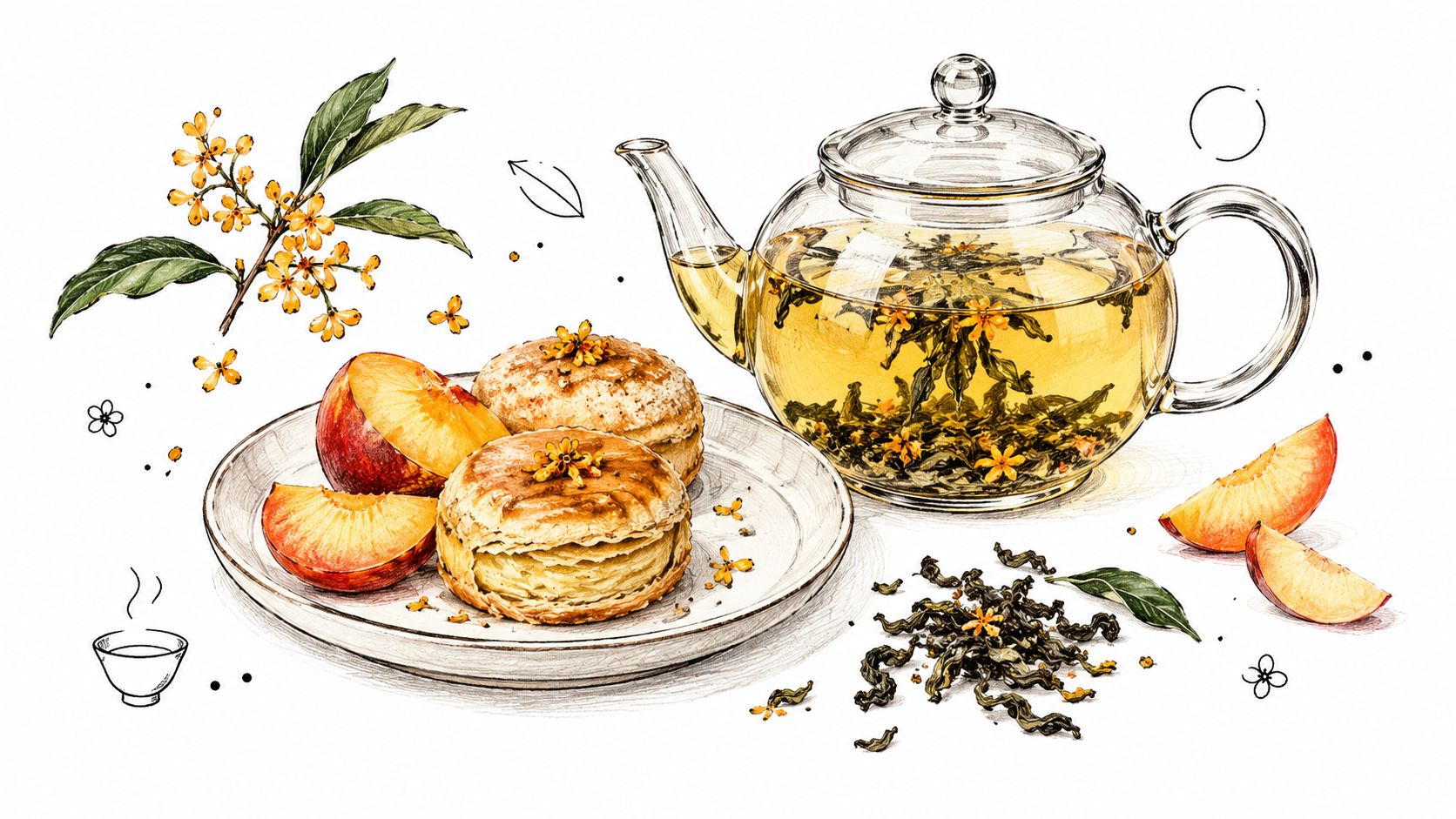 A hand-drawn illustration of a glass teapot with oolong tea, pastries, peach slices, and osmanthus flowers.
