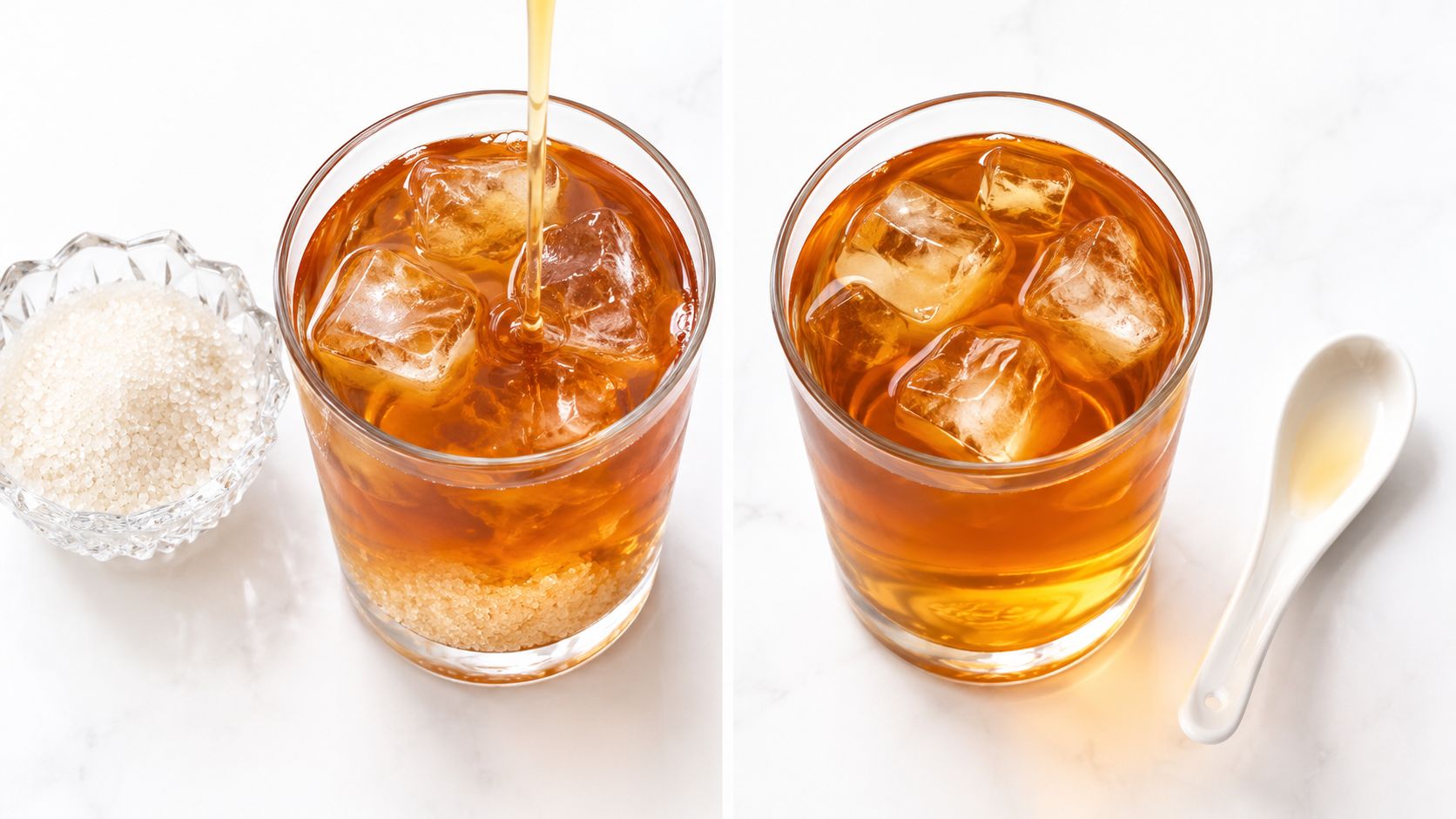 A glass of iced tea being sweetened with syrup next to sugar and a stirring spoon.