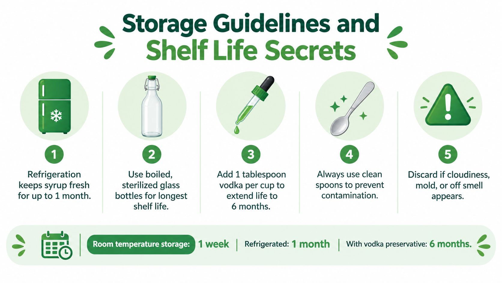 An infographic detailing storage guidelines and shelf life secrets for simple syrup with five numbered tips.