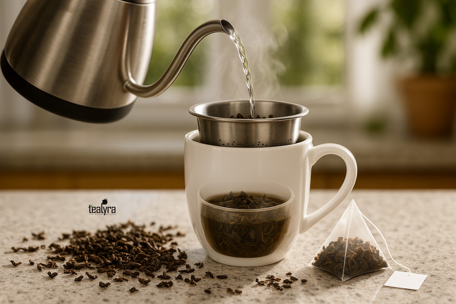 Pouring hot water over loose leaf tea in an infuser mug