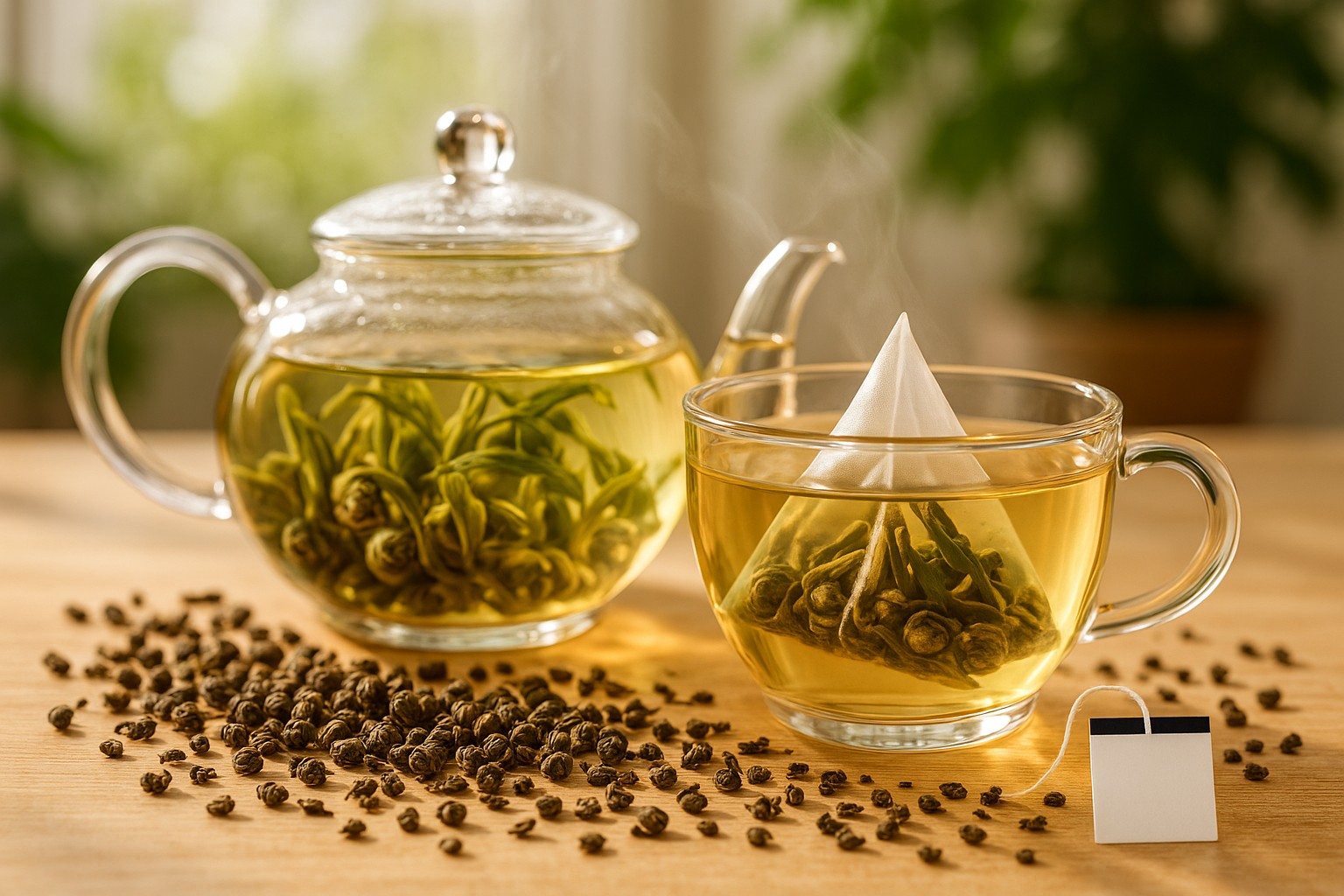 Jasmine pearls unfurling in a glass teapot