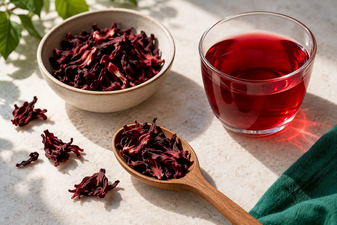 Calices d’hibiscus et infusion couleur rouge rubis