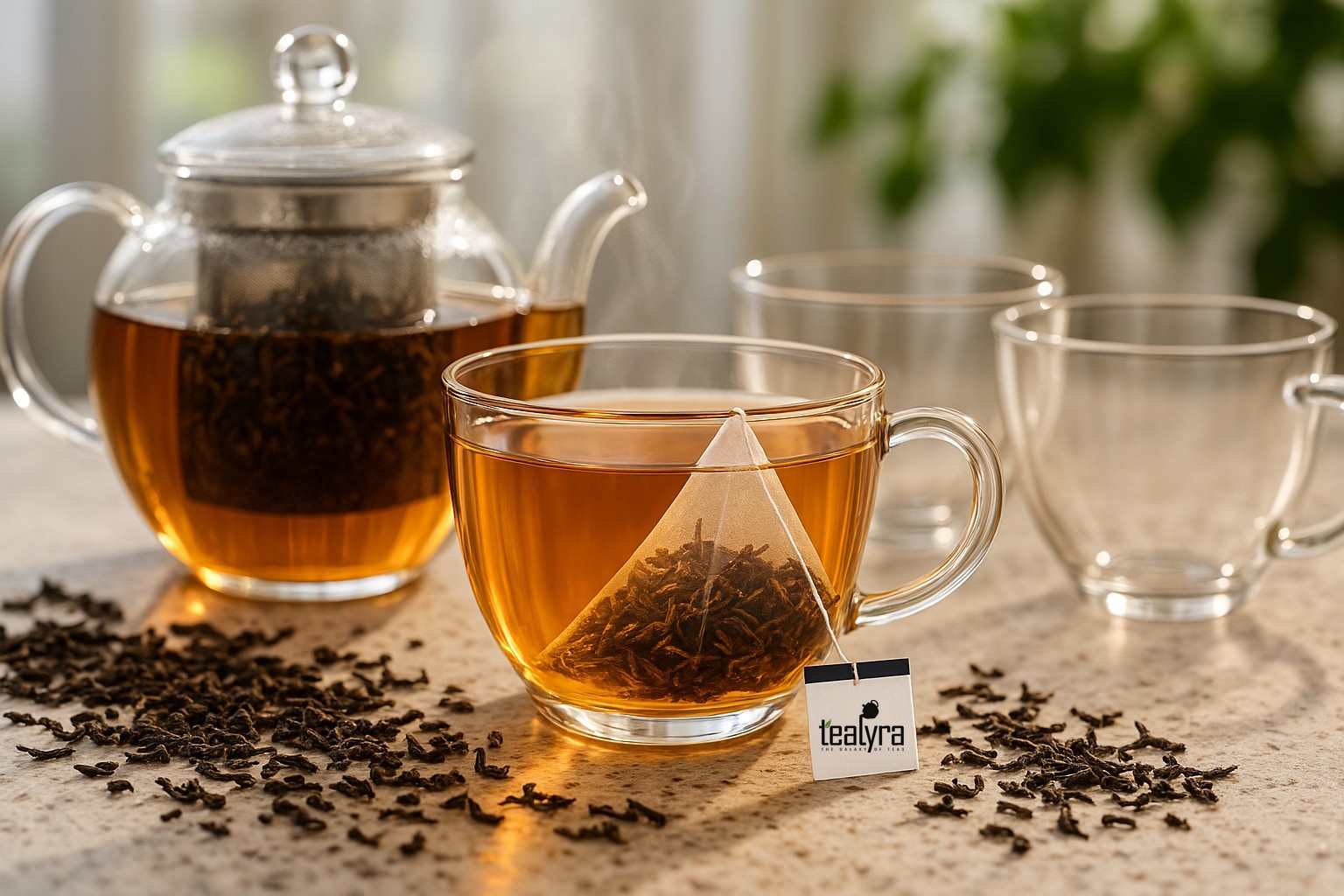 A glass teapot with an infuser basket of loose leaf tea