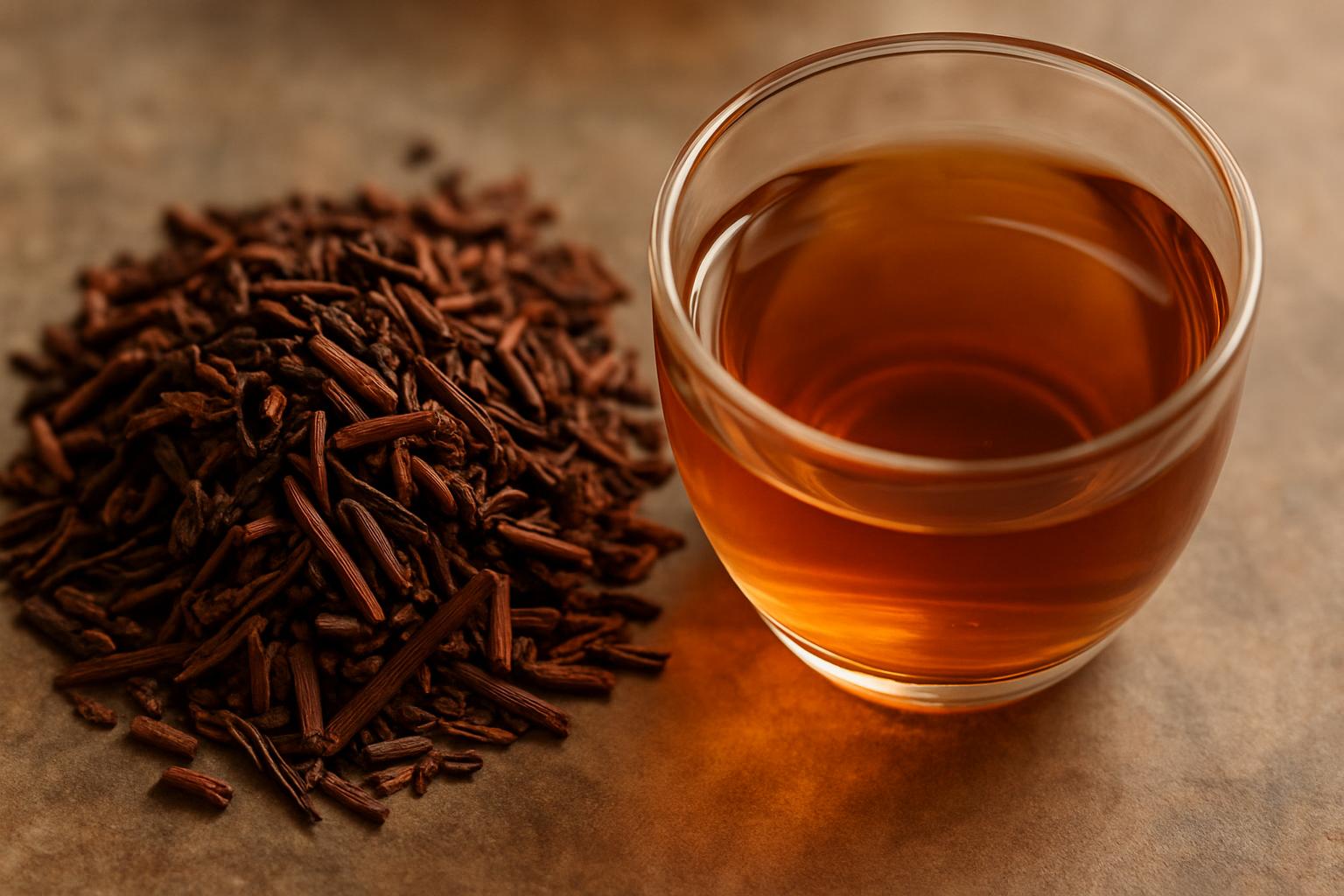 Roasted hojicha leaves next to a cup of amber hojicha tea