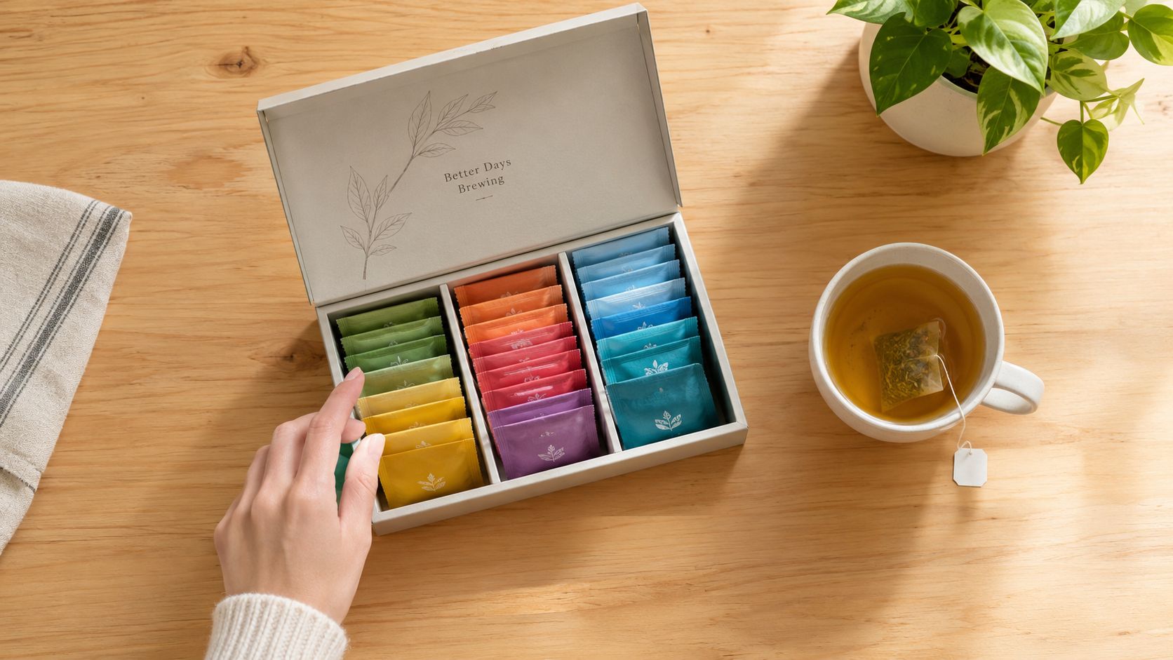 A hand selecting a tea bag from a colorful variety pack next to a cup of tea.