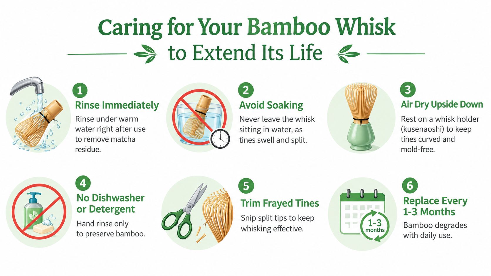 An instructional infographic demonstrating six essential steps for cleaning and maintaining a bamboo matcha whisk.