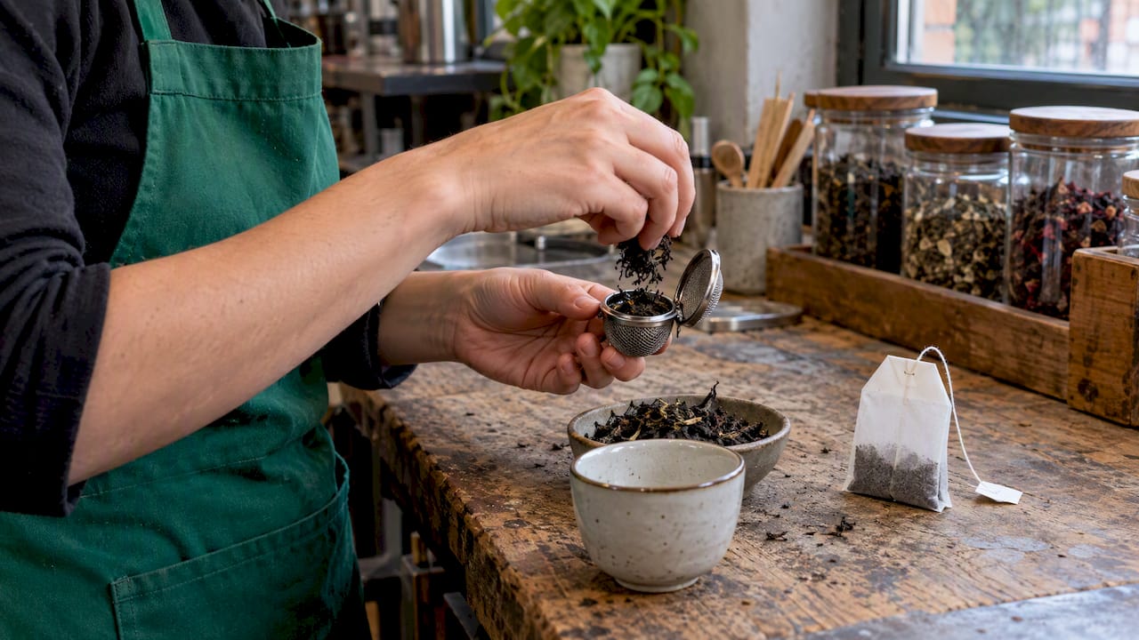 Loose tea leaves beside a tea bag
