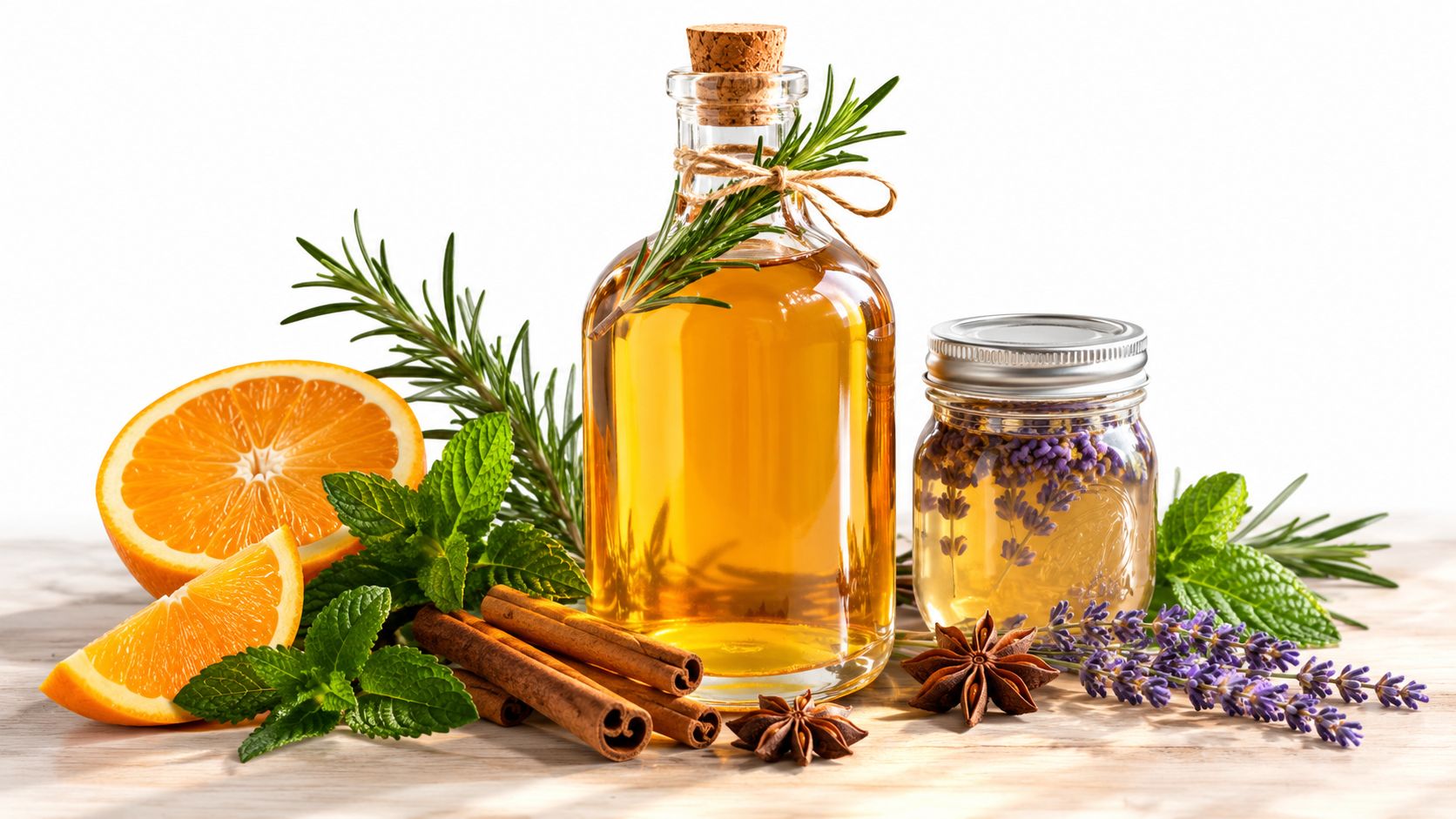 A glass bottle and jar filled with syrup surrounded by fresh oranges, cinnamon, rosemary, and lavender.