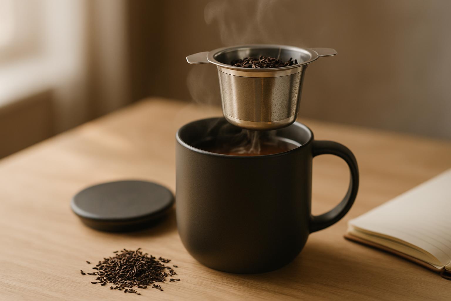 A ceramic tea mug with a stainless steel infuser basket and loose leaf tea on a wooden table