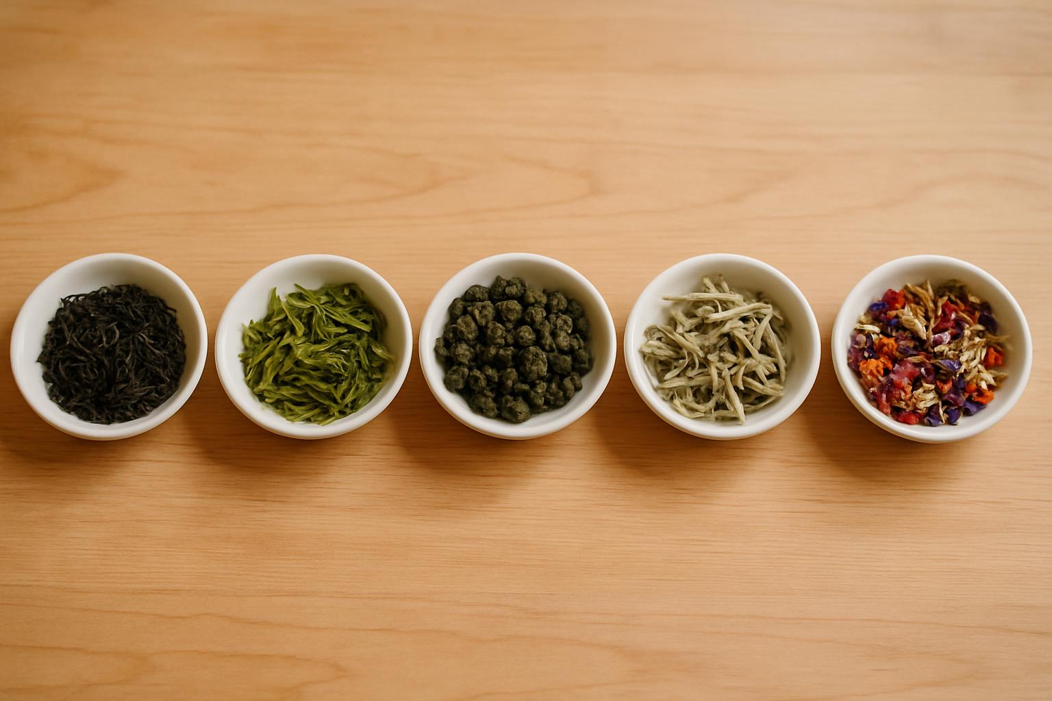 Five kinds of loose leaf tea in small dishes