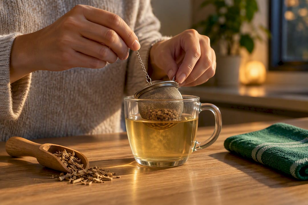 Hands steeping dried valerian root
